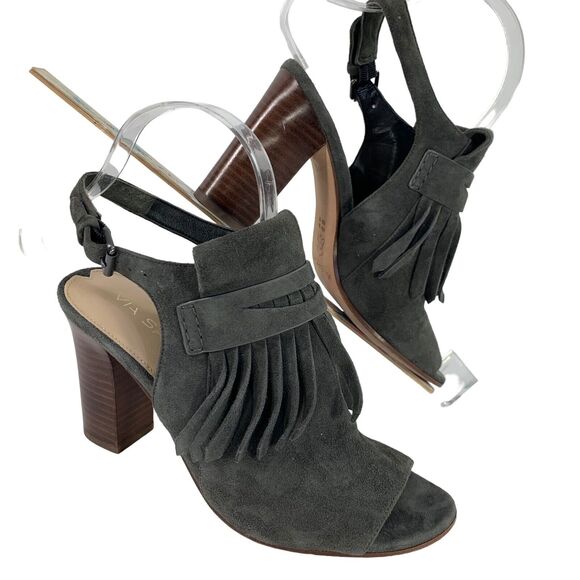 Via Spiga Bootie Peep Toe Sz 7 Heels Gray Leather Fringe Southwestern Country - Picture 4 of 16